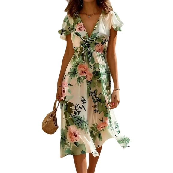 asdoklhq Summer Cocktail Dresses for Women Midi Dresses Women's Short-sleeved V-neck Striped Dress Green 3X