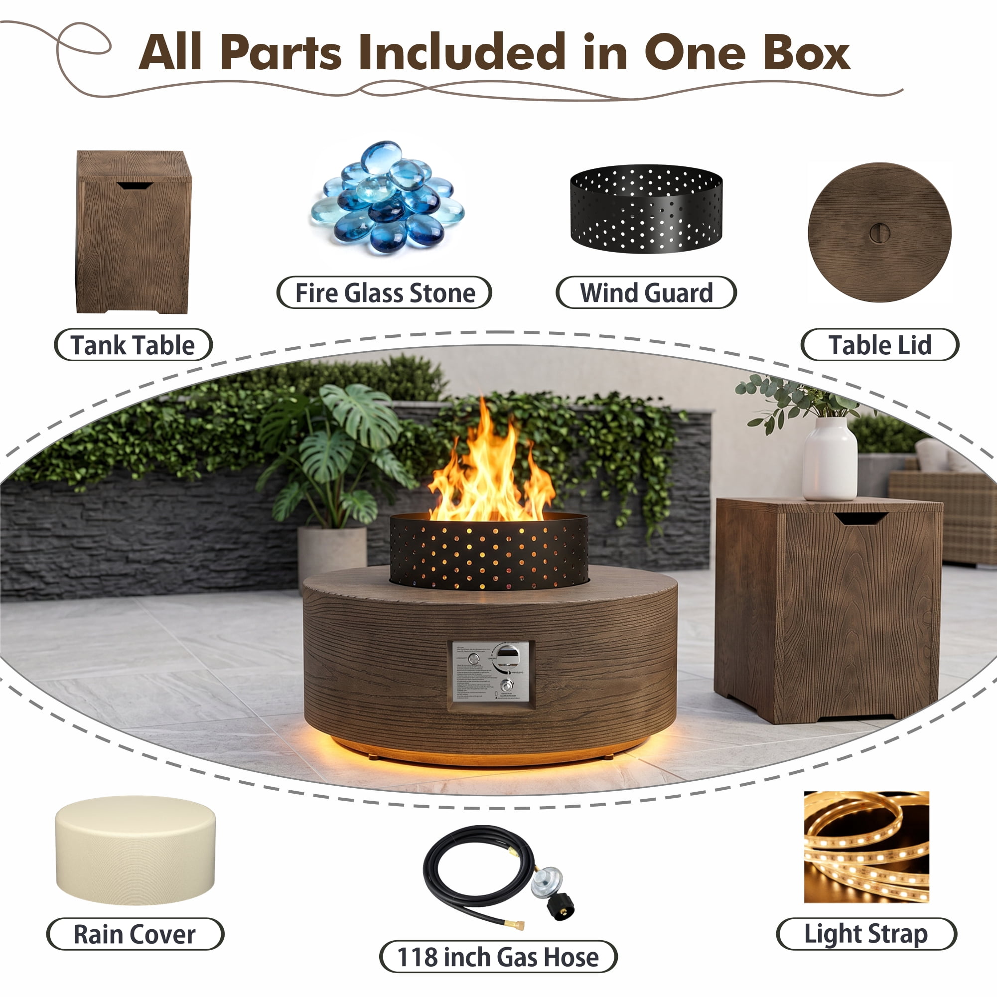 30 in. Round Propane Firepit Table with Golden LED Light, 50,000 BTU Outdoor Fire Pit Table in Dark brown Wood Grain