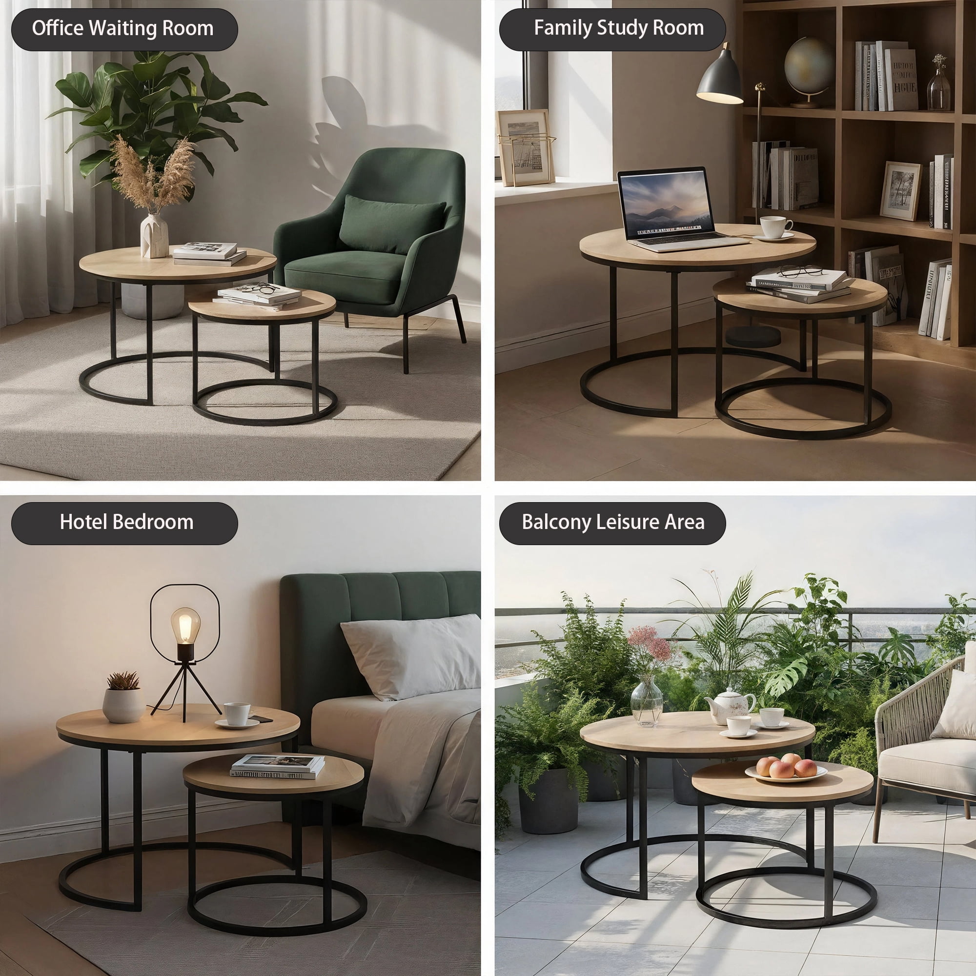 CENSI Round Nesting Coffee Table Set of 2, 31.5" Natural Oak Wood & Metal Frame, Modern Industrial Stacking Center Tables for Living Room, Scandi Boho Decor, Sturdy Circle Accent Furniture