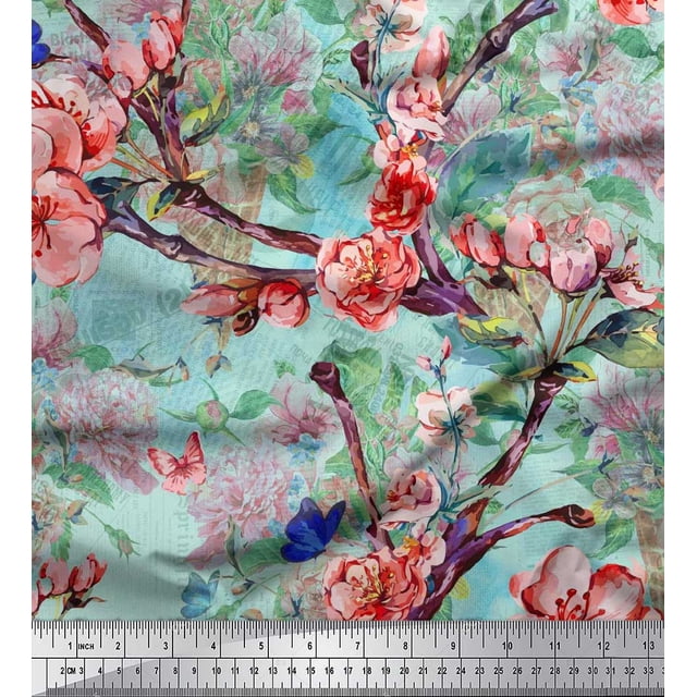 Soimoi Blue Poly Georgette Fabric Insect,Peach & Pink Floral Print Sewing Fabric BTY 52 Inch Wide