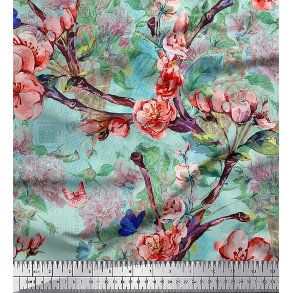 Soimoi Blue Rayon Crepe Fabric Insect,Peach & Pink Floral Print Fabric by The Yard 46 Inch Wide