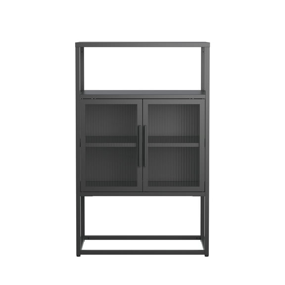Benvolio 41.34-inch Black Two Door Metal Cabinet with Fluted Clear Doors and Above Cabinet Display