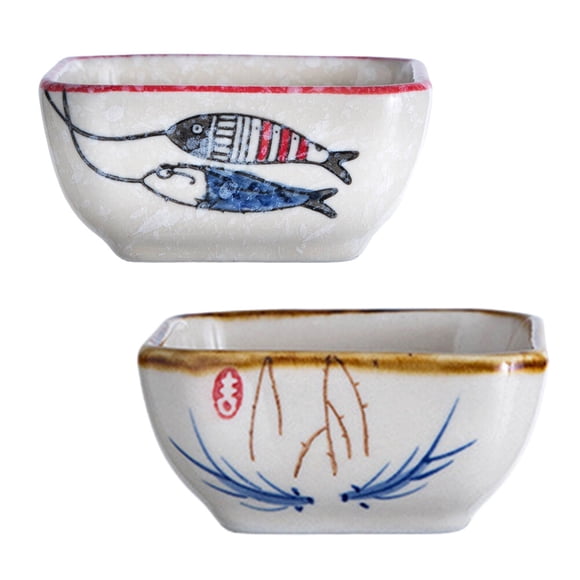 2pcs Japanese Style Ceramic Sauce Dishes Snack Fruit Dessert Plate Square Food Dipping Bowls Appetizer Plates (Random Pattern)