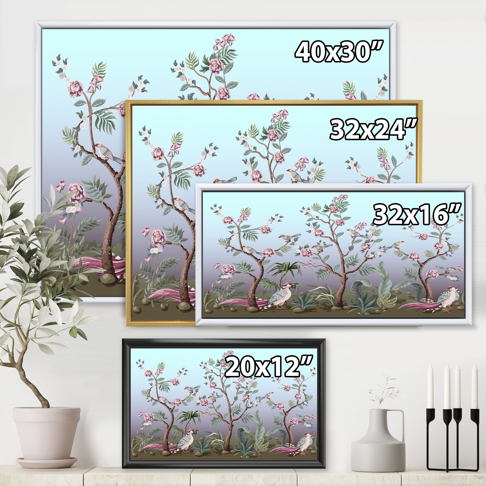 Designart 'Chinoiserie With Peonies and Birds II' Traditional Framed Canvas Wall Art Print