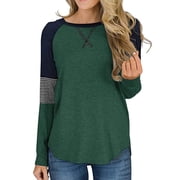 SHIBEVER Womens Tops Long Sleeve T shirts Casual Fall Clothing Fashion Crew Neck Striped Shirt Tunic Tops Color Block Top Blouses Green M