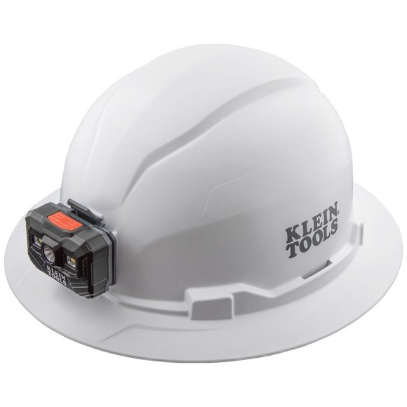 Klein Tools 60406RL Casque Rigide, Lampe Frontale Rechargeable, Sans Évent, Style à Grand Bord, Bande Anti-Transpiration Rembourrée Auto-Évacuant et Résistante aux Odeurs, Testé jusqu'à 20 kV, Blanc