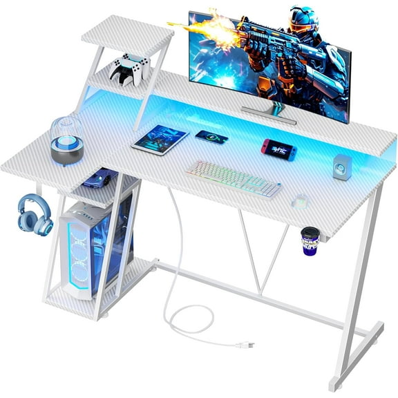 47 Inch White Gaming Desk L Shaped with LED Lights & Power Outlet Computer Desk with Storage Shelves