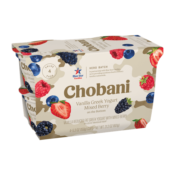 Chobani Low-Fat Vanilla Greek Yogurt Mixed Berry On The Bottom, Hero Batch 5.3oz 4PK