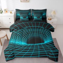 Feelyou Futuristic Geometric Teens Bedding Comforter Set 7pcs, Black Cyan Square Spiral Queen Bedding Sets, Rectangle Abstract Reversible Queen Sheet Sets, Super Cozy Room Decor