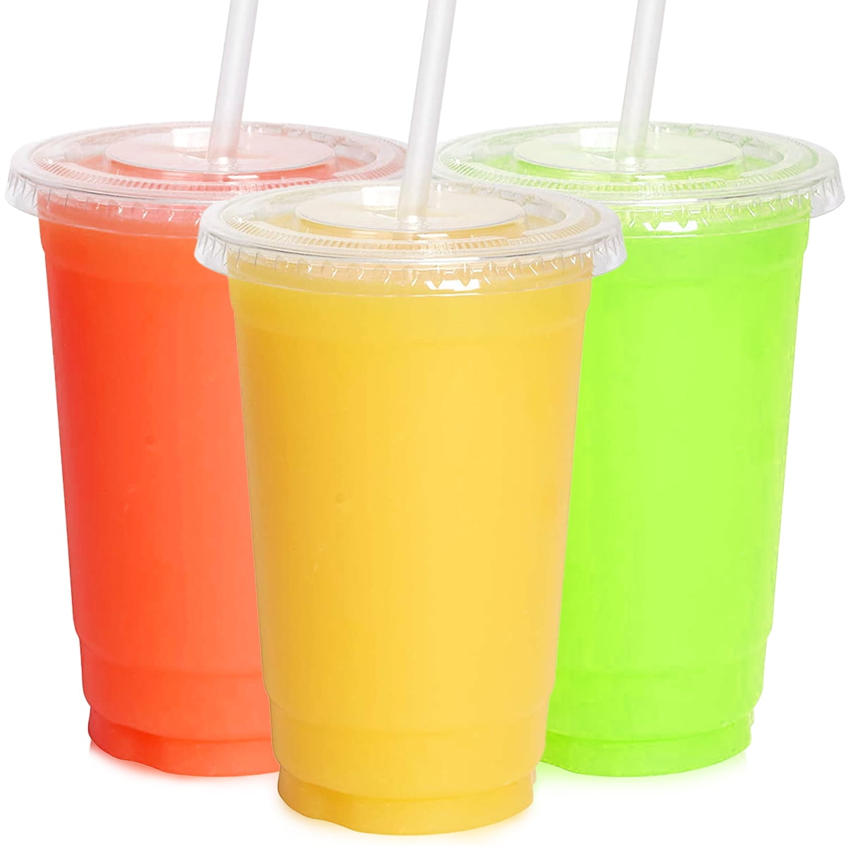 Disposable Smoothie Cups & Domed Lids Clear Plastic Party Milkshake Juice Slush 
