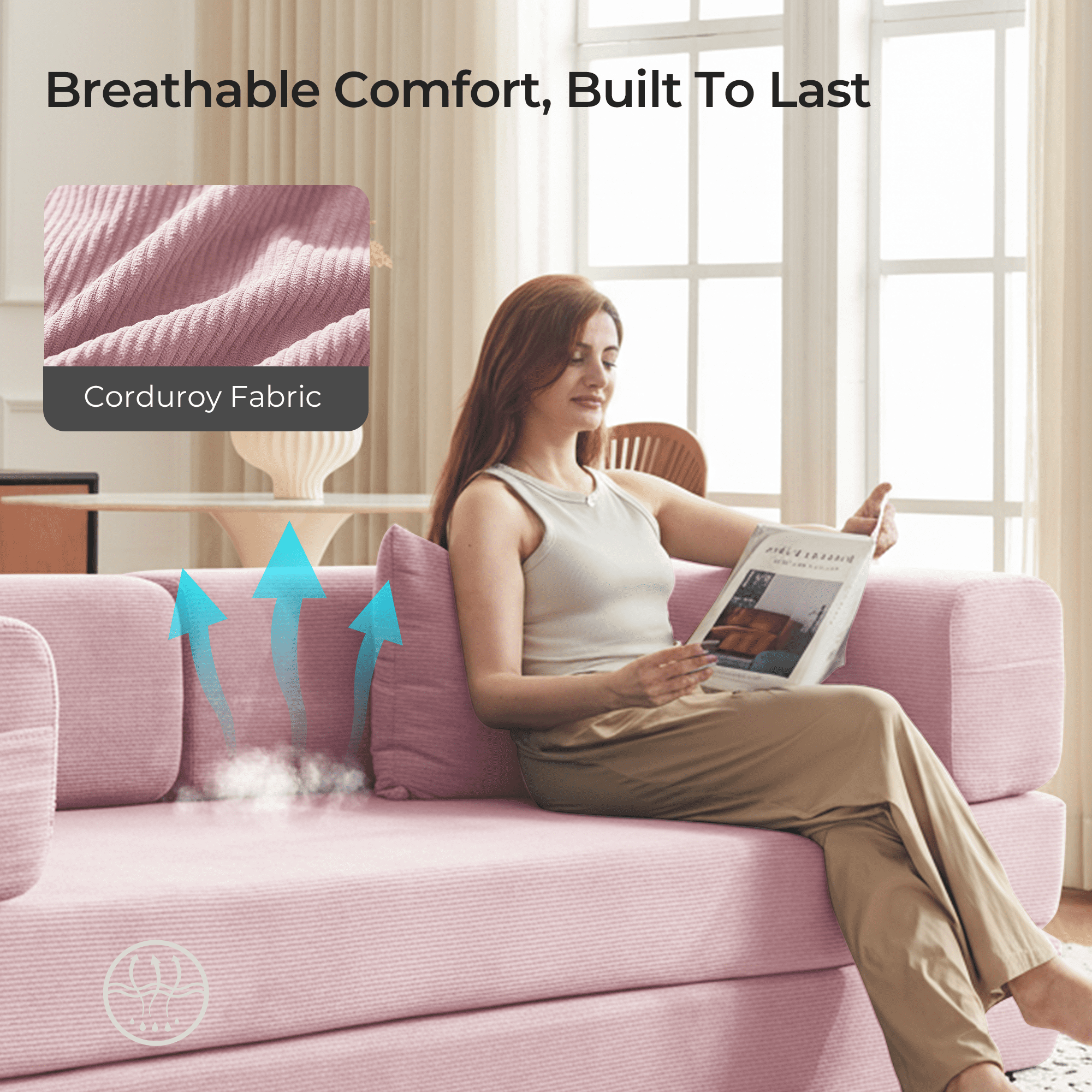 79" Convertible Sofa Bed ,CARZZI LIFE Compressed Floor Boneless Couch Modular Corduroy Sleeper Sofa, Folding Mattress Couch for Small Spaces - No Assembly Needed in Pink with Storge