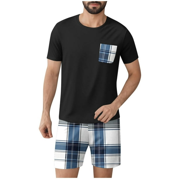Mens Slim Fit Manga Corta Botón Abajo Camisas Cuello Redondo Impresión Set Deportivo, Cintura Elástica Traje Casual