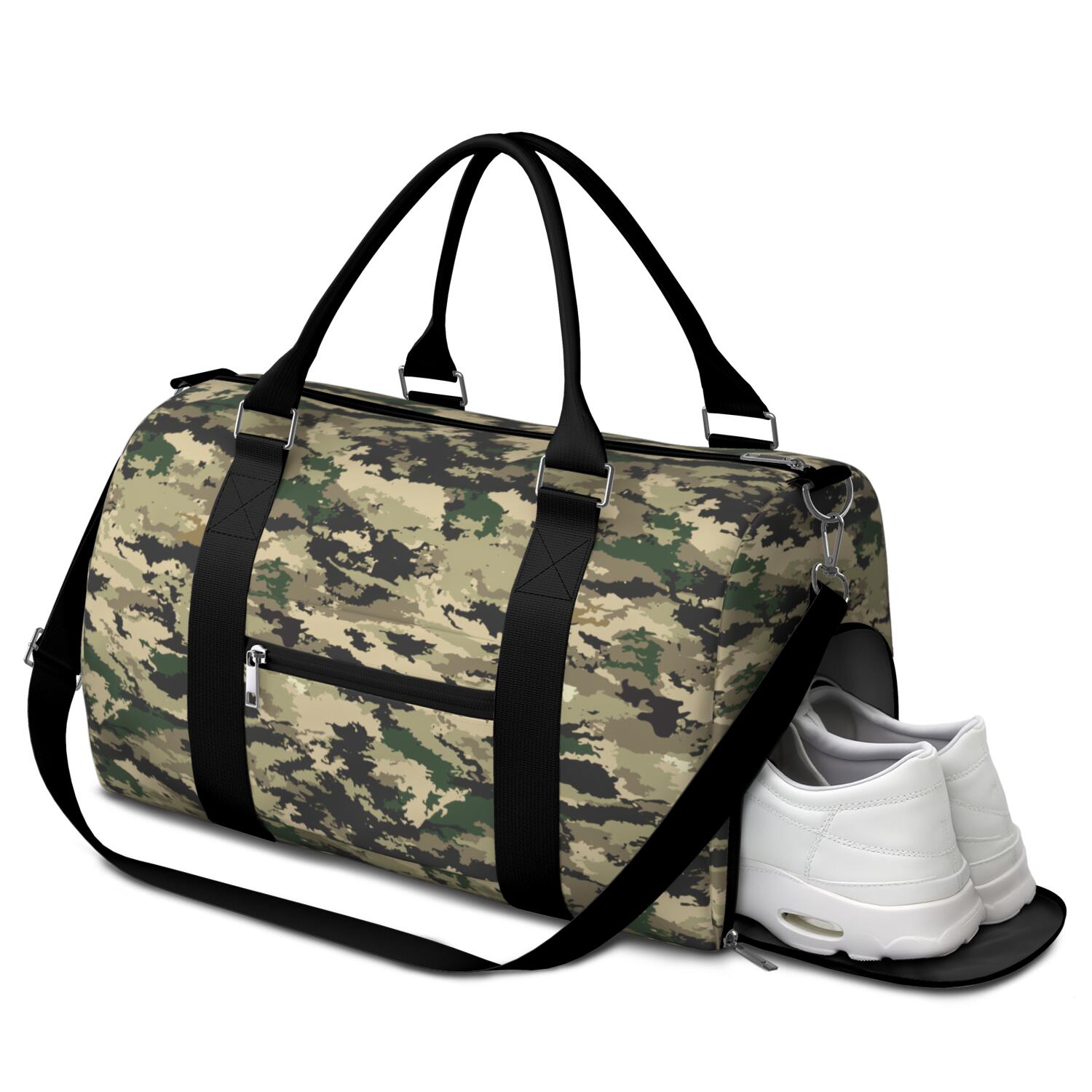 Green Camo Mens Gym Tote Duffle Bag with Wet Pocket & Shoe Compartment, Travel Duffel Bag Overnight Weekender Hospital Tote Girls Workout Carry on Bag with Luggage Sleeve