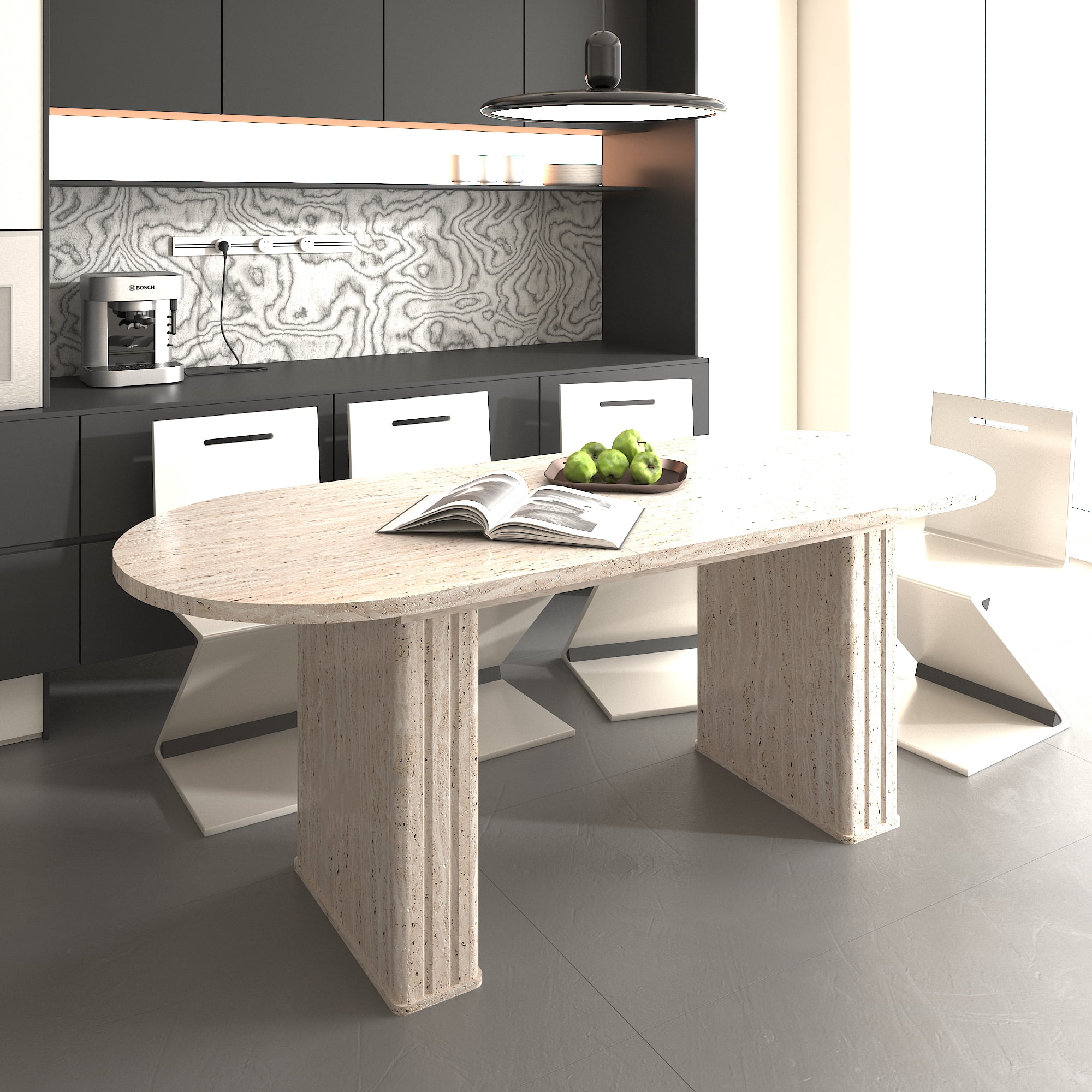 Extendable Oval Dining Table for 4-8 People, Travertine-Inspired Kitchen Table with Wooden Strip Base, Beige MDF Expandable Table for Family Living Room