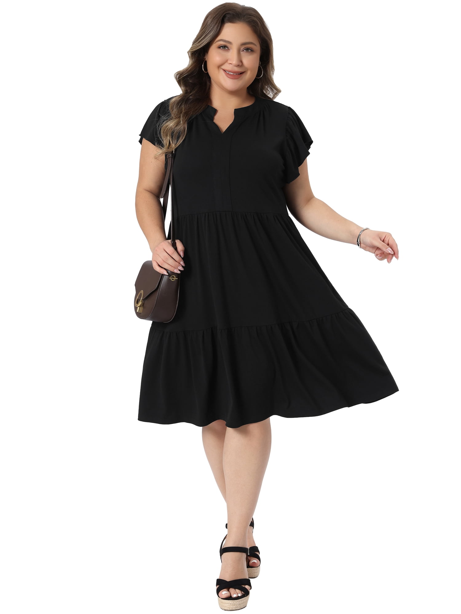 DARING DIVA Women's Plus Ruffle Sleeve V Neck Flowy Tiered Midi Dresses 4X Black