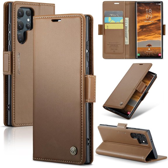 Samsung Galaxy S24 Ultra Case, RFID Blocking Flip PU Leather Wallet, Magnetic Closure, Card Holder, Kickstand, Shockproof, Brown
