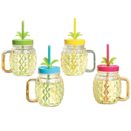 Juice Mug With Straw Mug-Style Pineapple Drink Glasses with Textured Design - Set of 4, Includes Lid and Reusable Straw ()