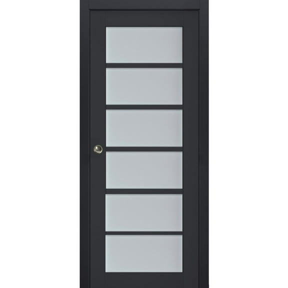 Sliding French Pocket Door with Frosted Glass | Veregio 7602 Antracite | Kit Trims Rail Hardware | Solid Wood Interior Bedroom Sturdy Doors-36" x 84"