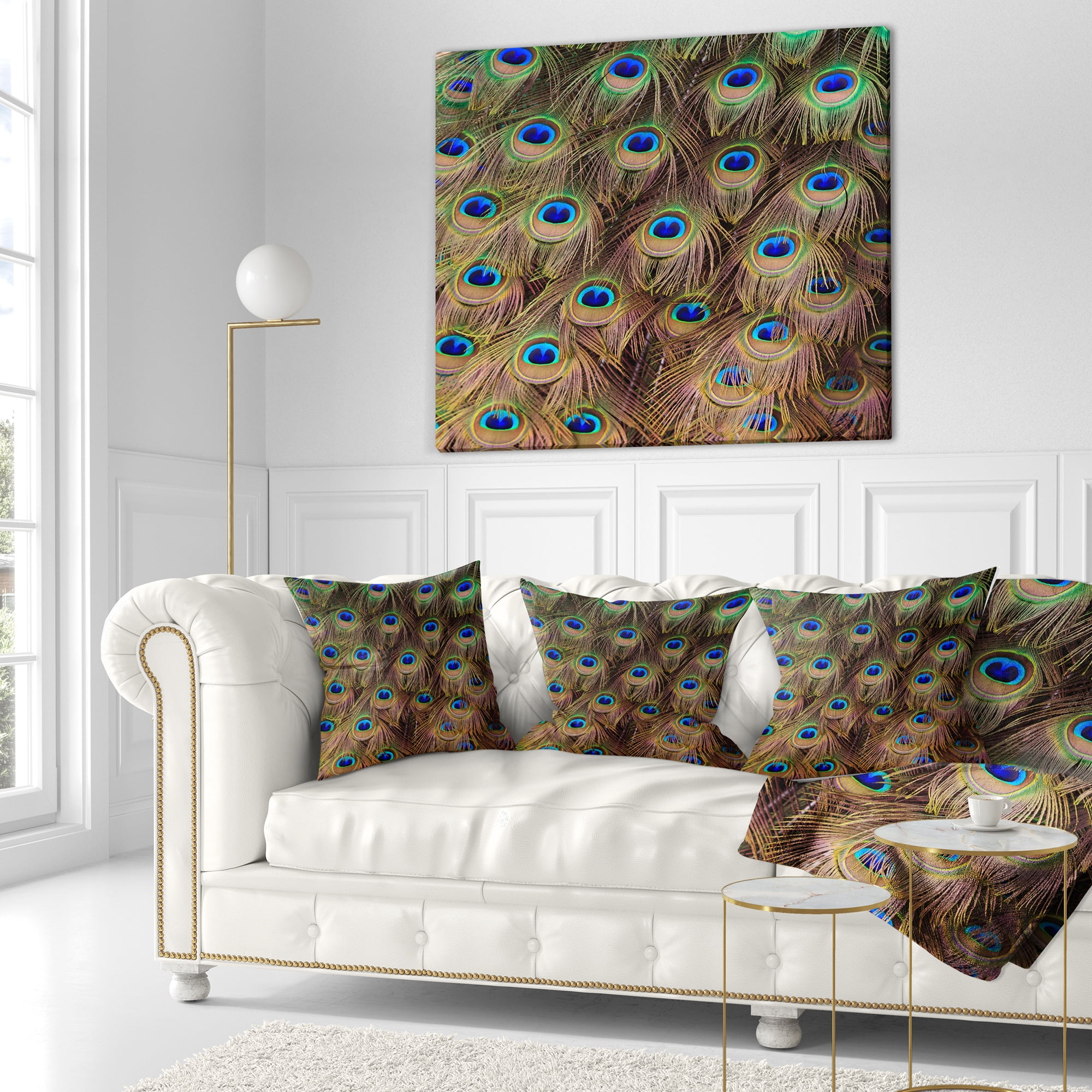 Designart Peacock Bird Tail Feathers in Close Up - Animal Throw Pillow - 16x16