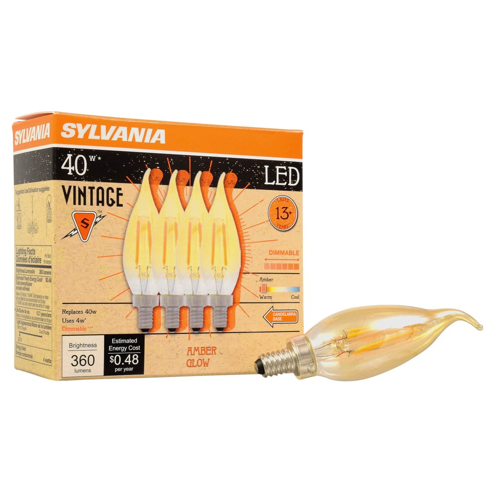SYLVANIA LED B10 Light Bulb, 40 Watt, Dimmable, Vintage, 4 Pack