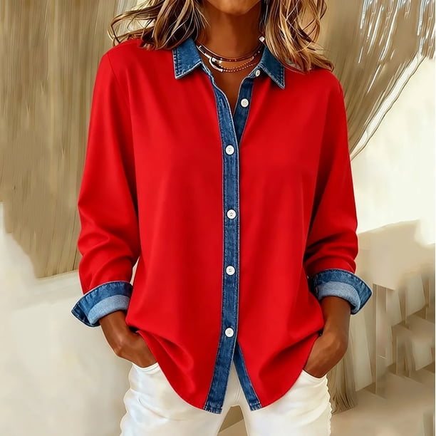 RKSTN Denim Patchwork Shirts for Women Oversized Lapel Button Down Long Sleeve T Shirts Top Womens Casual Plus Size Turndown Collar Vintage Loose Comfy Blouses Cardigan Jackets Fall Spring Clothes
