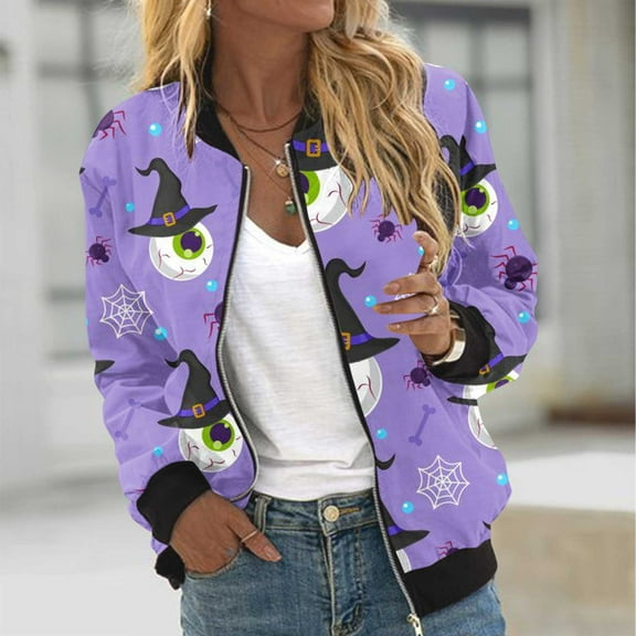 WXLWZYWL Womens Halloween Bomber Jacket Trendy Pumpkin Ghost Bat Spider Floral Print Casual Coat Zip Up Outerwear Windbreaker with Pockets Stand Collar Fall Clothes