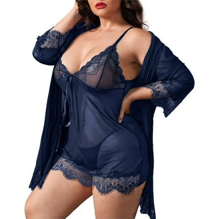 Women Sexy Lingerie Set 3 Piece Babydoll & Lace Kimono Robe Strap Chemise Sleepwear Mesh Nightgown Babydoll Dress