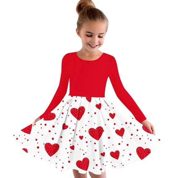Tawop Girls Dresses Girls' Valentine's Day Printed Round Neck Long Sleeved Dress