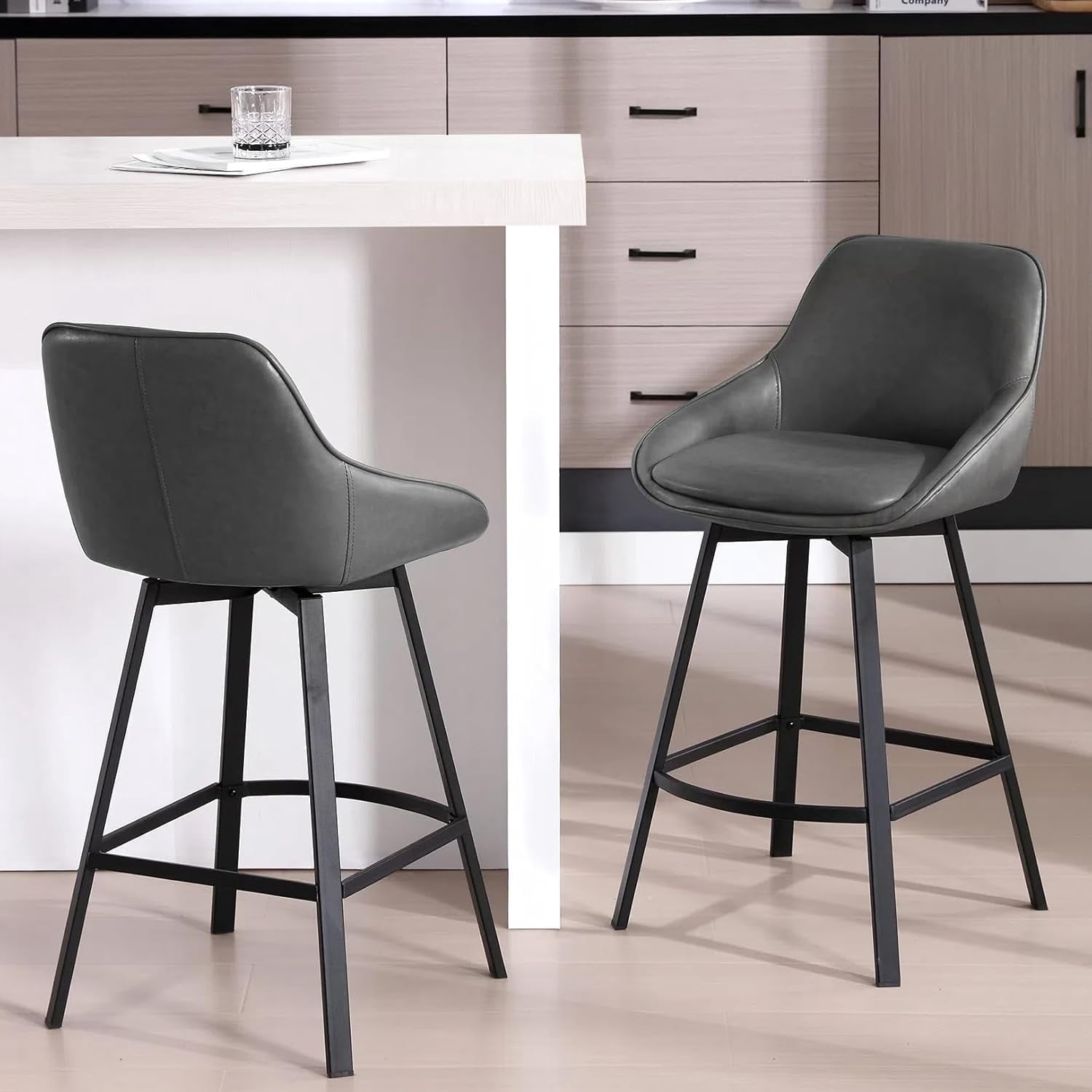 Zesthouse 25.6" Swivel Counter Height Bar Stools Set of 2, Modern Counter Height Chairs with Backs and Metal Legs, Upholstered Faux Leather Barstools for Kitchen Island, Dark Gray