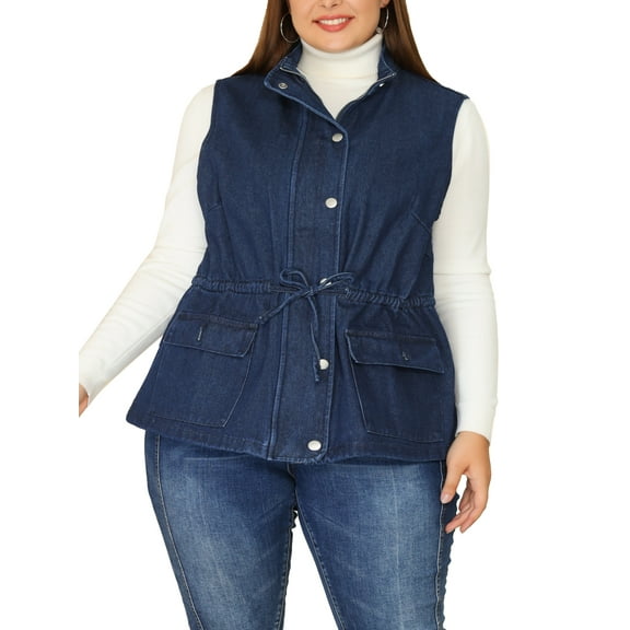 MODA NOVA Juniors Plus Size Sleeveless Drawstring Button Zip Denim Vest Dark Blue 1X