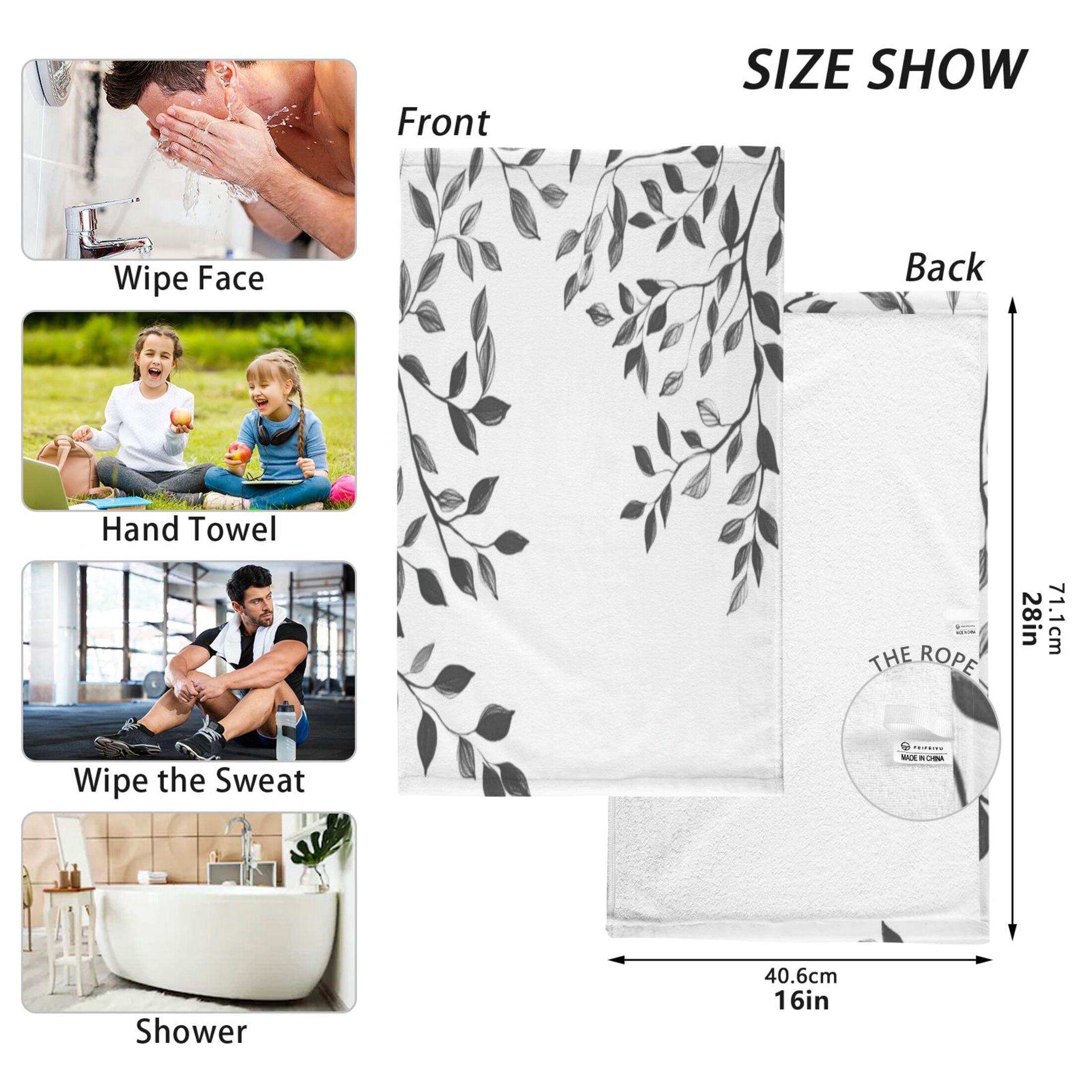 Cotton Towel Two-Piece 16x28 Inch One Sizex2 Face Towel Set Towel Set Cotton Hand Bath Towel Bathroom Beach Black Leaf Print
