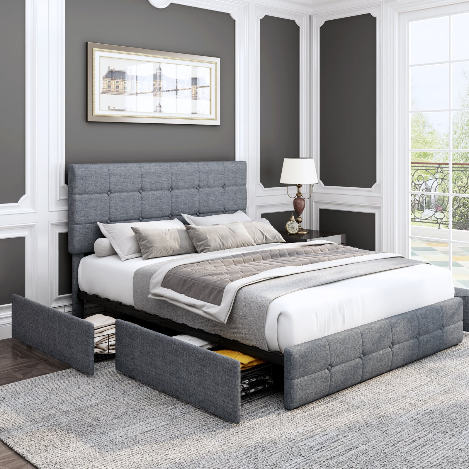 Homfa Queen Size 4 Storage Drawers Bed Frame, Square Tufted