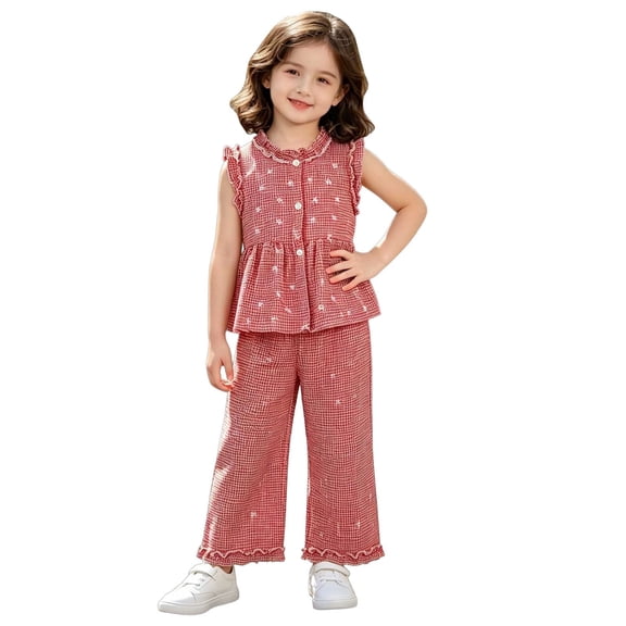 hoksml Girls Checkered 2-Piece Outfit Sleeveless Ruffle Top and Wide Leg Pants Set with Bow Embroidery