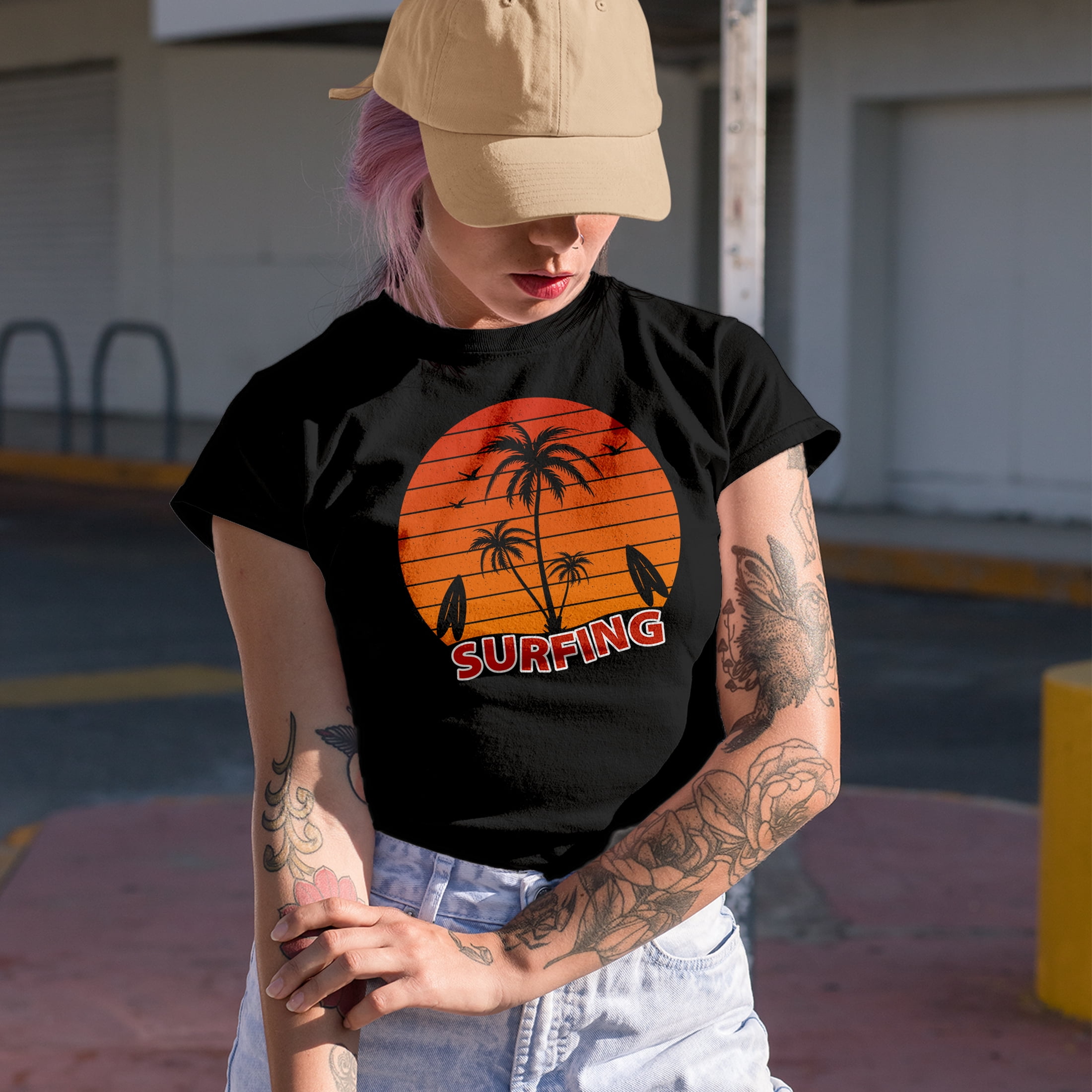 Surfing with Retro Gradient Sunset, Palm Trees & Surfboards, Navy Blue T-Shirt, 3XL