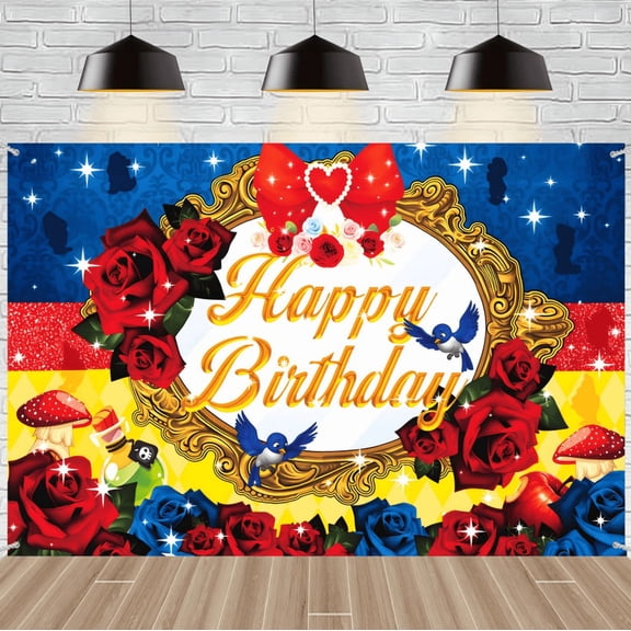 Cartoon Princess Happy Birthday Backdrop Princess Banner for Red Rose Blue Yellow Girl Theme Party Decorations Birthday Supplies With 18 Pcs Party Ballons