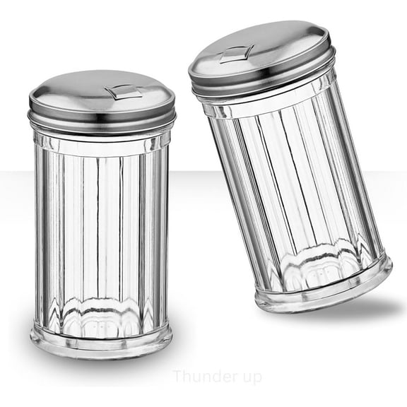 ABCISI Sugar Shaker (Pack of 2), Glass Sugar Pourer Dispenser with Pour Spout, Stainless Steel Flip Lid, Smooth Pour Control for Coffee, Tea, Baking & Cooking | Countertop or Table Use