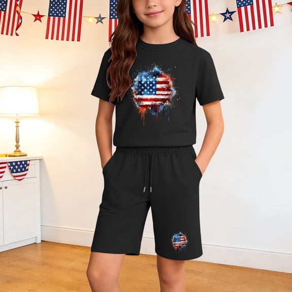 DJDLJWCJ Girls Outfit Sets Girls Crewneck Graphic Tee Shirt and Elastic Waist Stretch Soft Shorts Black Size 13