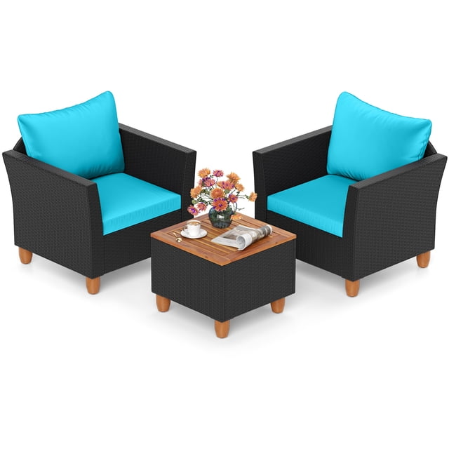 Patiojoy 3 Piece Patio Wicker Sofa Set Outdoor Rattan Furniture Set with Side Table Turquoise