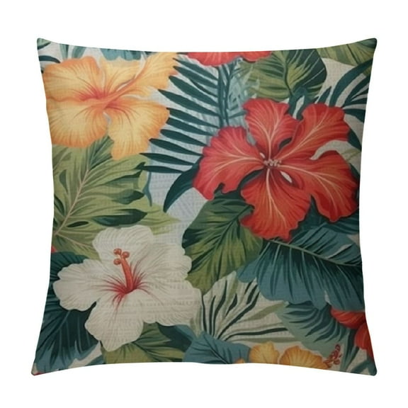 Fenyluxe Hibiscus Flowers Throw Pillow Case Summer Colorful Hawaiian Tropical Plants Palm Leaf Pillow Cushion Cover Home Sofa Decorative 12x12in
