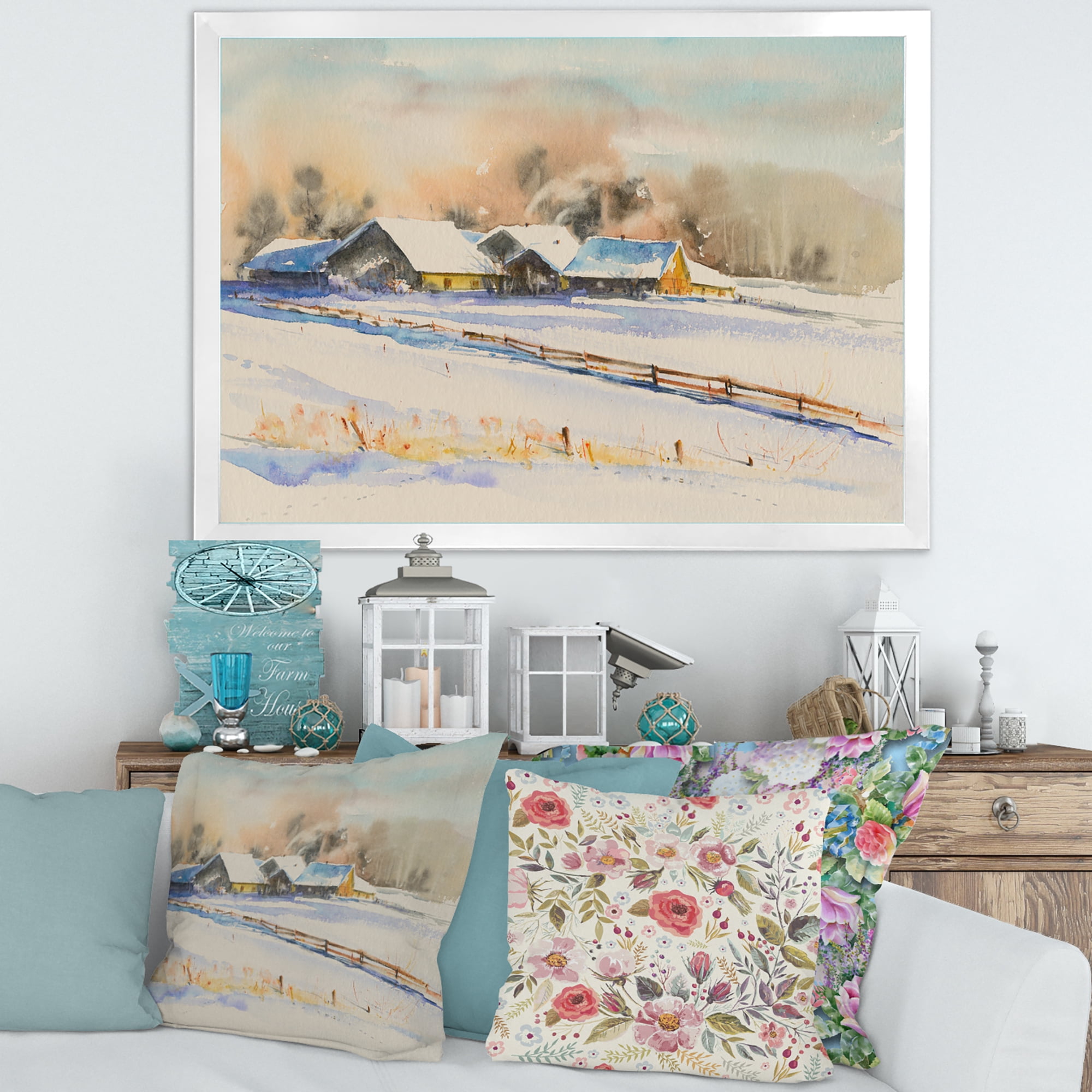 Designart 'Small VIllage At Evening Covered With Snow' Traditional Framed Art Print