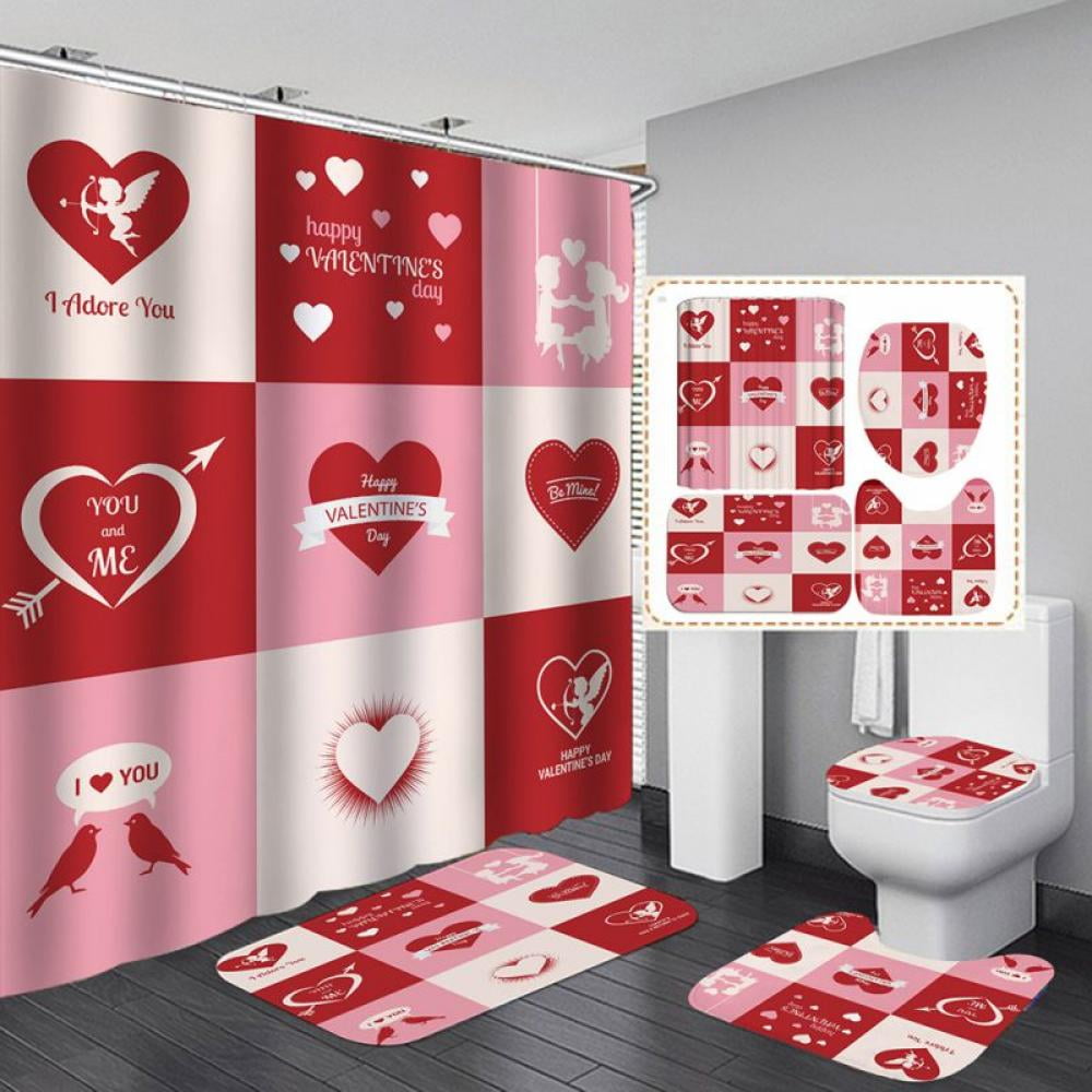 Valentine's Day Love Hearts Red Background Shower Curtain Bathroom Accessory Set 