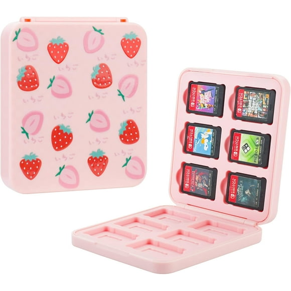 Cute Strawberry Game Card Case for Nintendo Switch and Switch OLED, Storage Card Box with 12 Game Cards Cartridge and 12 SD Cards Slots