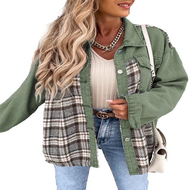 SHEWIN Women‘s Denim Jacket Plaid Patchwork Shacket Long Sleeve Button Down Oversized Jean Jacket Coat Green