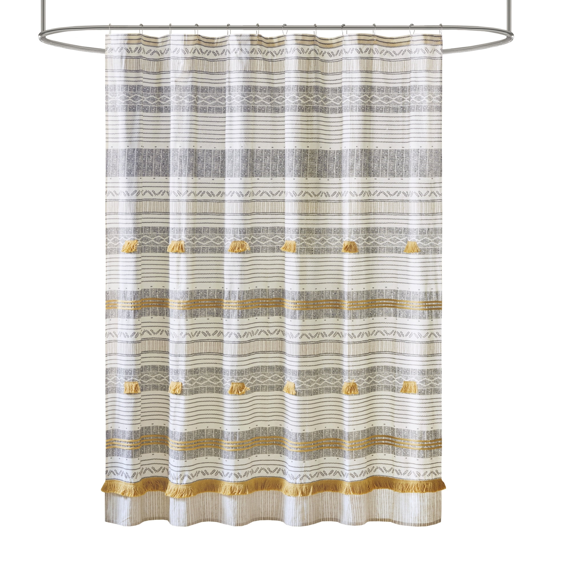 INK+IVY Cody Cotton Stripe Printed Shower Curtain with Tassel in Gray/Yellow