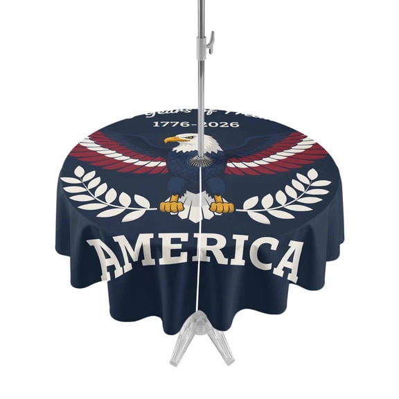 4th of July Outdoor Tablecloth with Umbrella Hole and Zipper America 250th Anniversary Round Tablecloths 60 Inch Waterproof American Flag Eagle Patio Table Cover for Outdoor Tables BBQS Party Decor