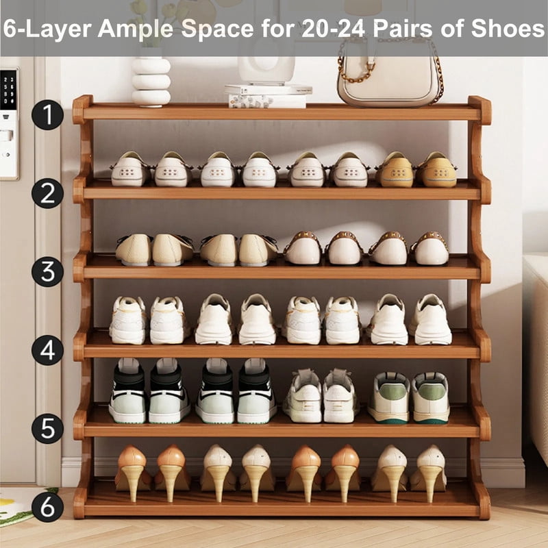 Howcool 6-Tier Bamboo Shoe Rack, Tall Shoes Organizer, Freestanding Storage Shelf