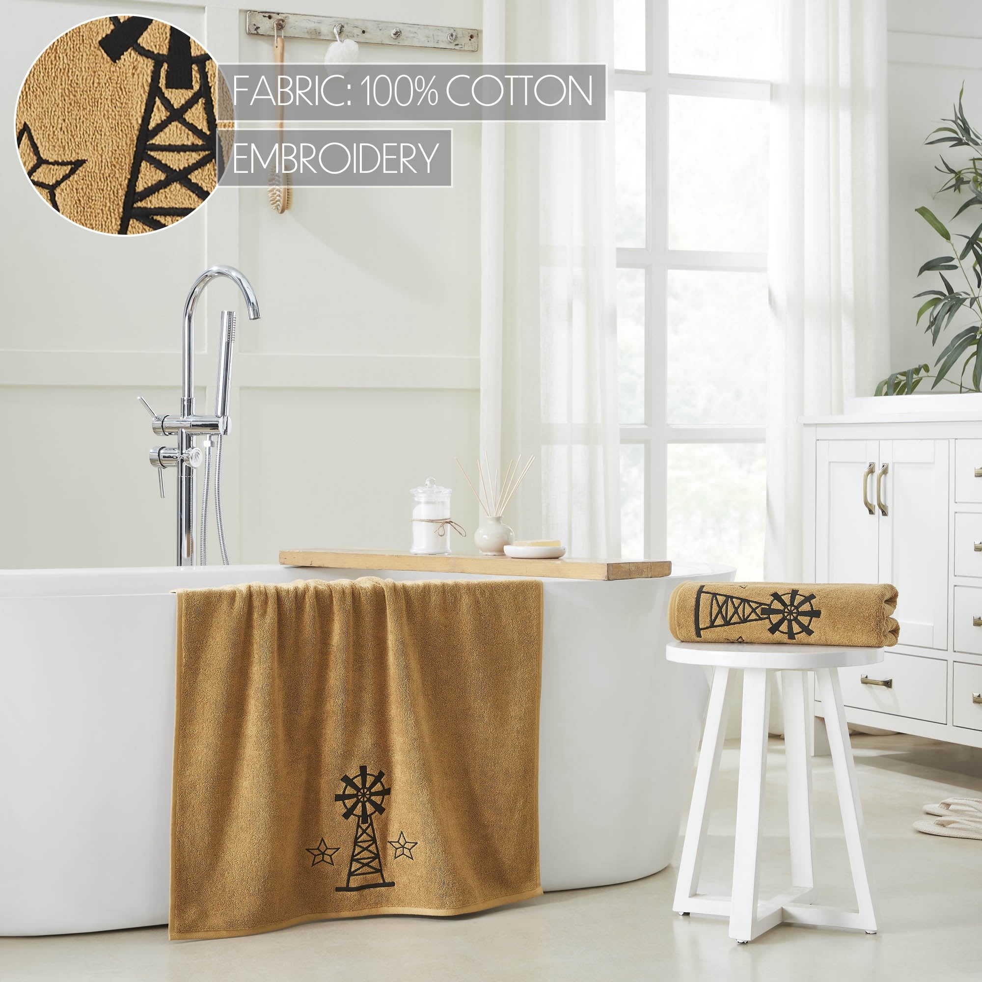 VHC Brands Black Windmill & Stars Tan Bath Towel Set of 2 27x54