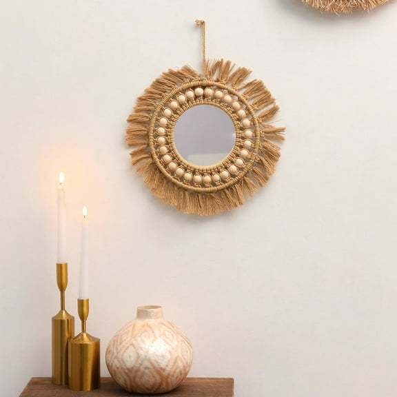 Macrame Wall Hanging Mirror with Boho Fringe Cotton Round Bohemian Art Decorative Mirror for Apartment Home Bedroom Living Room(coffee)