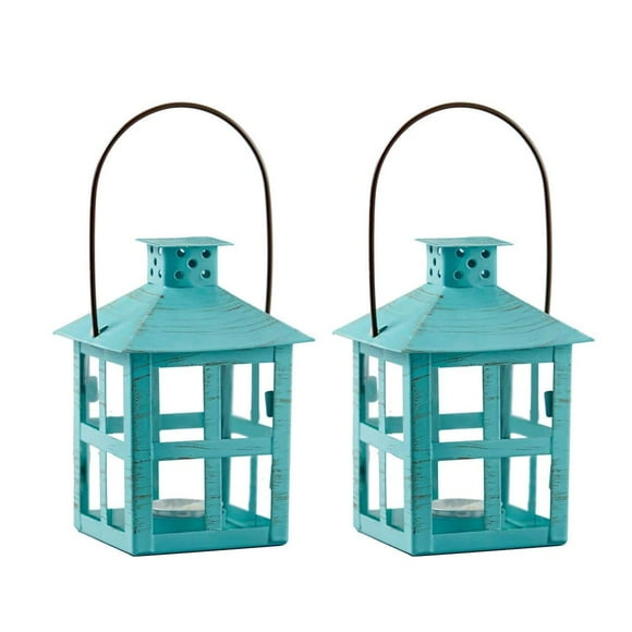 Kate Aspen Mini Lanternes Décoratives pour Bougies, Ensemble de 2, Lanternes en Métal Vintage Vieilli pour Centre de Table de Mariage, Décoration Intérieure et Fête, Turquoise