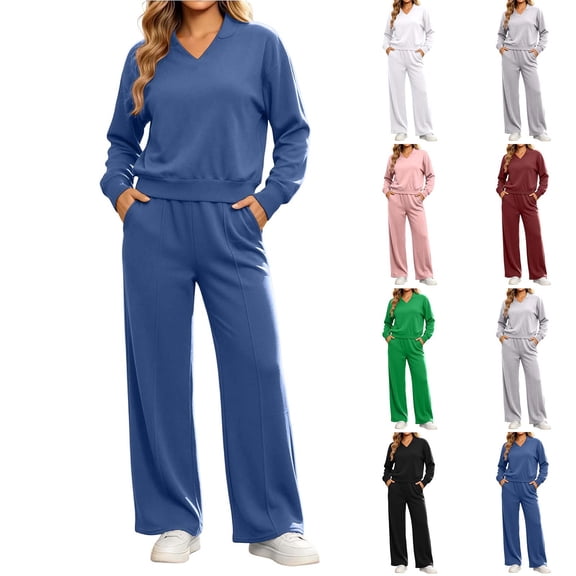 Mifsaly Plus Size Womens Sweatsuits 2 Piece Set V Neck Sweatshirts and Wide Leg Pants Fall Winter Going Out Athletic Gym Lounge Matching Outfits